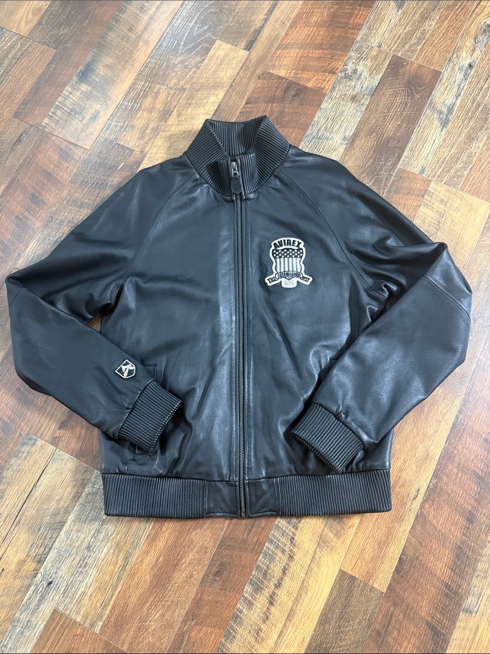 Authentic Avirex Black Lamb Leather Logo Track Jacket Medium